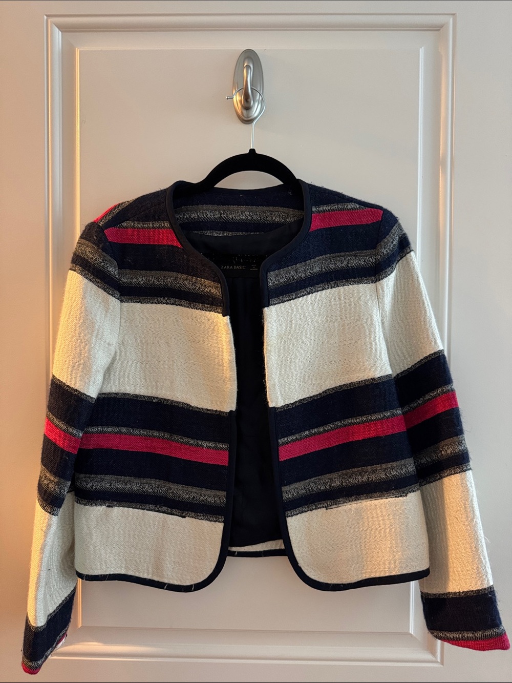 Zara Navy, Cream and Fuchsia Striped Open-Front Cardigan
